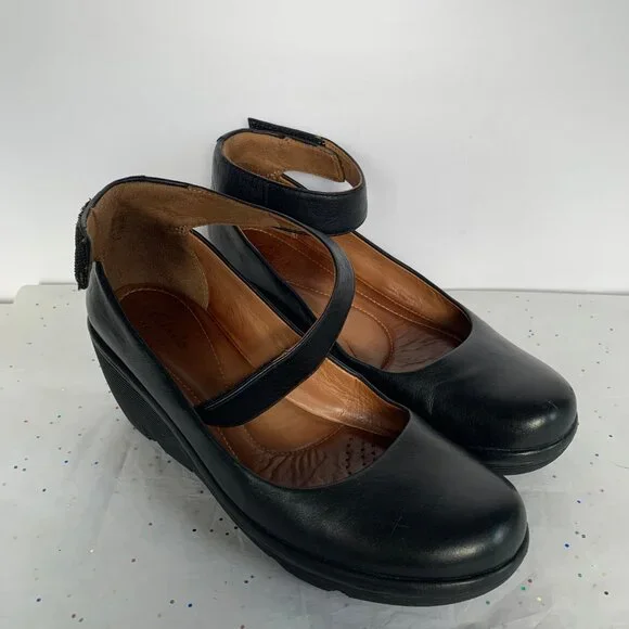 Clarks Artisan Clarene Tide Black Leather Ankle Strap Platform Wedges - Size 6.5 - Picture 6 of 16